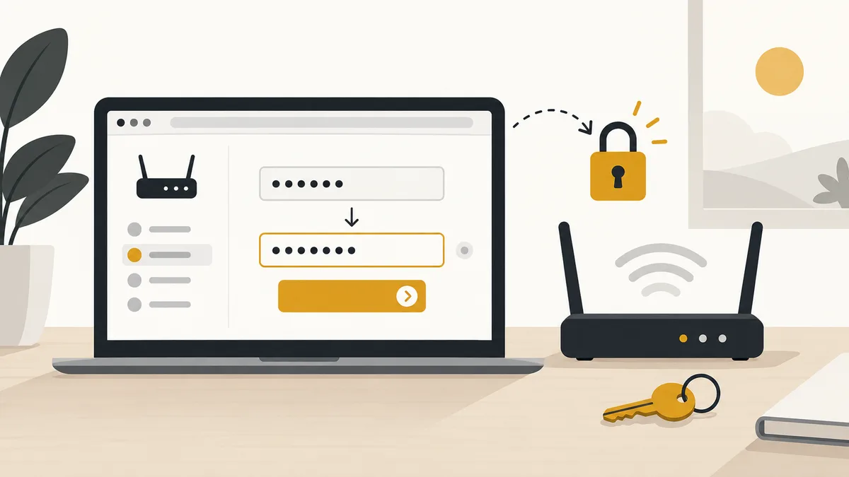 Laptop showing a router settings page where the old administrator password is replaced with a new one, with a padlock closing beside the router