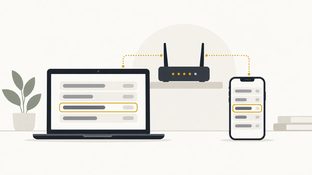Laptop and phone each showing network details with the default gateway row highlighted, both linked to the same home router