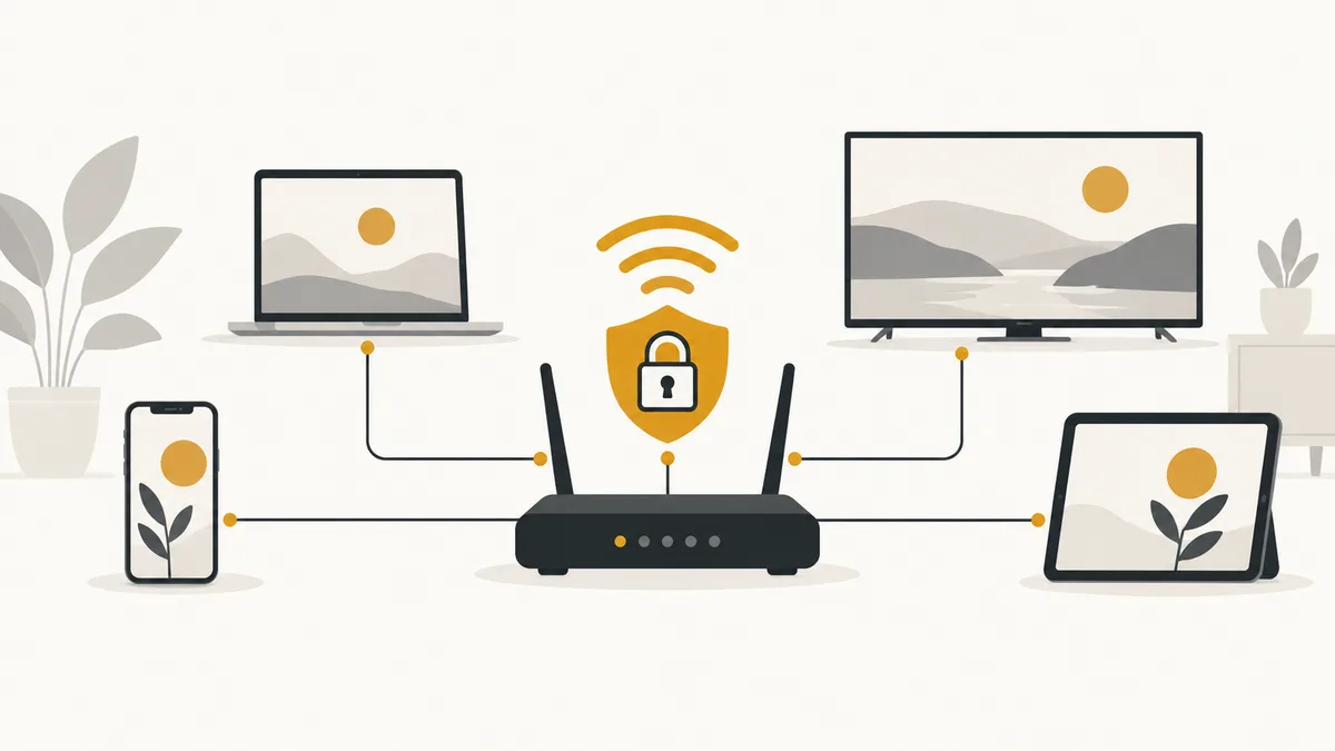 Home router with a shield and padlock badge, connected to a laptop, phone, TV and tablet on the same secured network