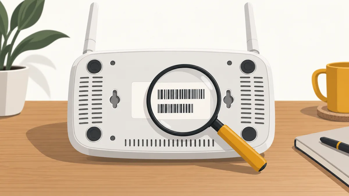 Magnifying glass over the label on the underside of a home router, where the factory Wi-Fi and administrator details are printed