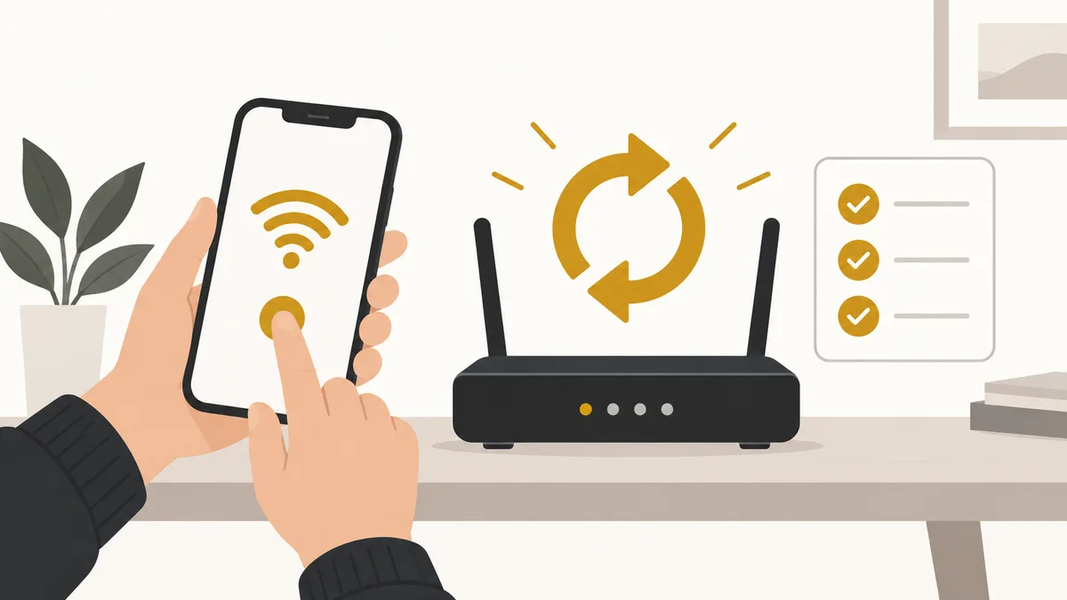 Hands holding a phone connected to Wi-Fi beside a home router, with a restart symbol and a short checklist of fixes