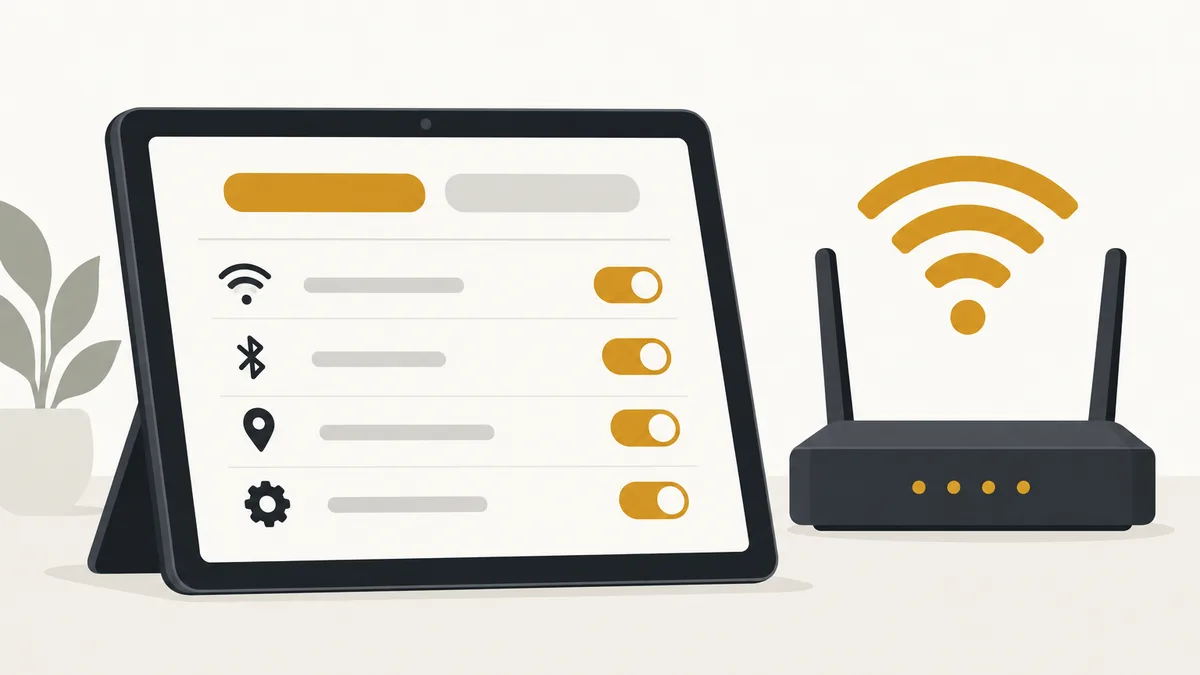 Tablet showing wireless settings toggles next to a home router sending out a Wi-Fi signal
