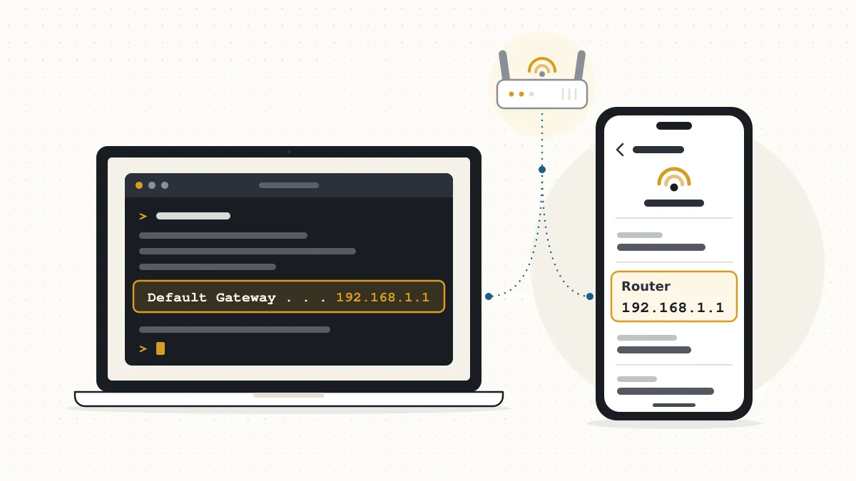 Illustration of a laptop and a phone showing their network details, with the default gateway address highlighted